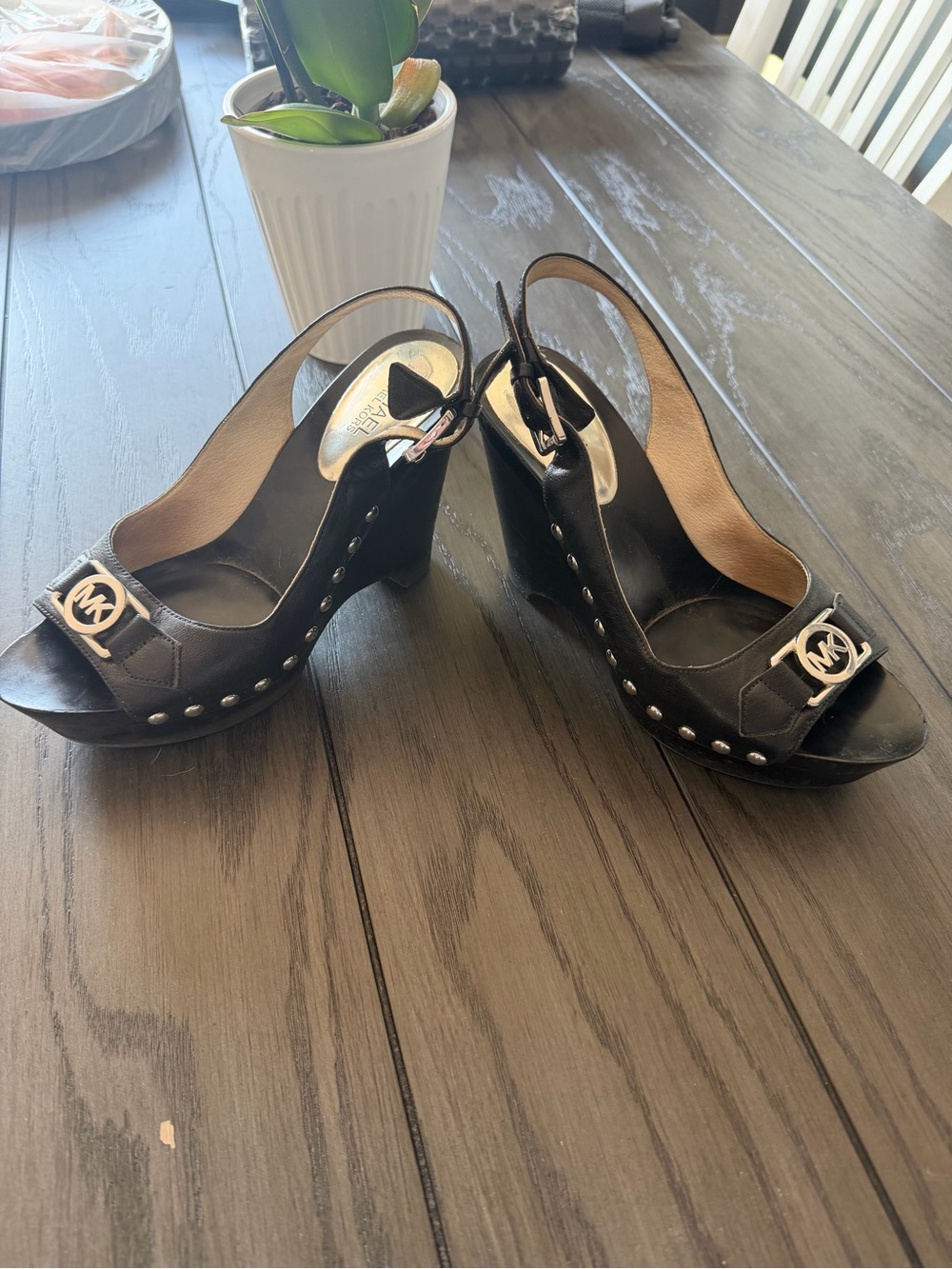 Michael Kors Black Leather Wedge Sandals with MK Logo and studs